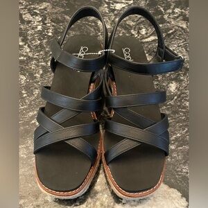 Corkys Black Strappy Sandals with Tan Sole